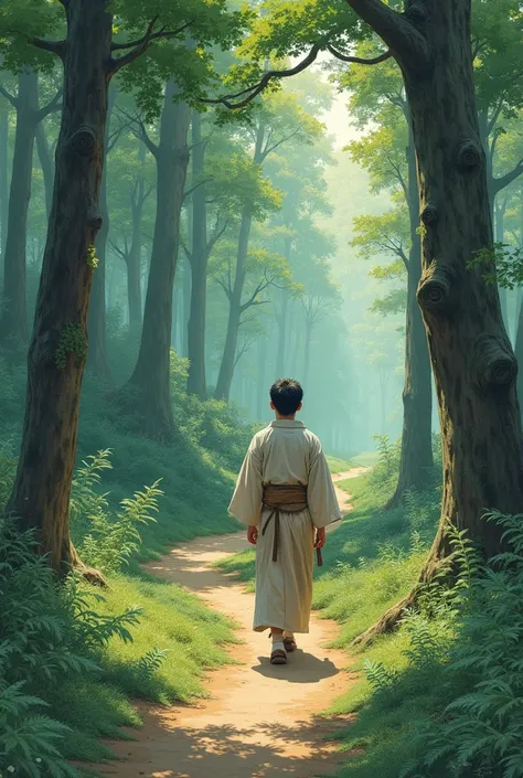 Create an error-free or flawless literary illustration-style drawing made with gouache paint of a 17-year-old Japanese boy walking in the forest in 15th century Japan.