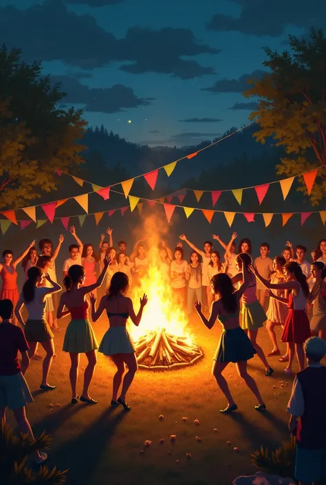 " A bonfire lit at a June party , with people dancing gang ,  colorful flags and a cozy and traditional atmosphere."