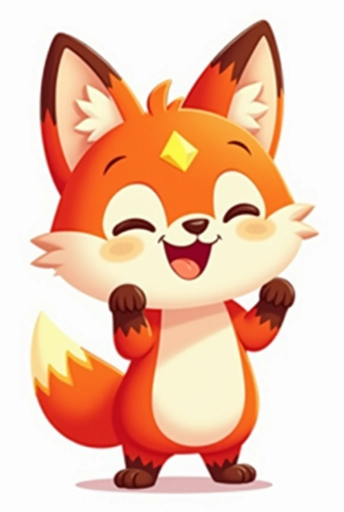 A cheerful and energetic anthropomorphic fox character in 2D cartoon style. The fox has vibrant red and orange fur, a white belly, and a yellow diamond shape on its forehead. The character's head is round and large with fluffy cheeks, big pointed ears with...