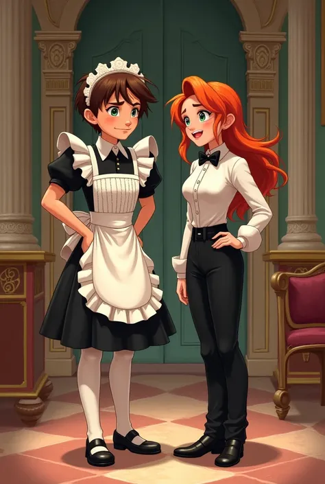 Ben Tennyson, dressed as a maid, is embarrassed and next to him stands his cousin Gwen, dressed as a butler, laughing.