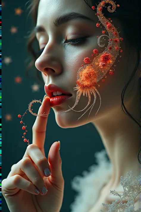 ✨ artistic digital painting , double exposure , Collage,Macro ,cuttlefish,витиеватая лиана из маленьких разноцветных Macro  розочек обвитая вокруг женского пальца,located at the lips ,silver,Shine,  shining stars on a black background ,Dark Fantasy, Digita...