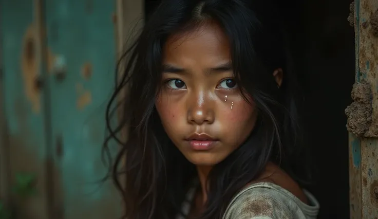 A typical 20-year-old Malay girl with natural skin tone, no make-up, plain face, long wavy hair, crying, tears streaming down her cheeks. embodying the essence of the village setting, depicting her as an ordinary Malay girl. Wearing shabby clothes. Very sh...