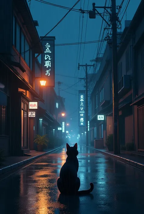 arafed view of a cat sitting on a wet street at night, concept art by Shitao, cgsociety contest winner, conceptual art, japanese street, quiet tokyo alley at night, japanese town, rainy evening, anime background art, in a japanese town at night, quiet stre...