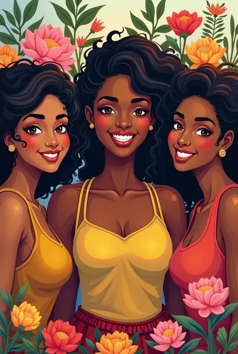 " An empowering image of women of diverse ethnicities and ages,  with smiling faces , representing strength and unity ,  in a setting of colorful flowers ."