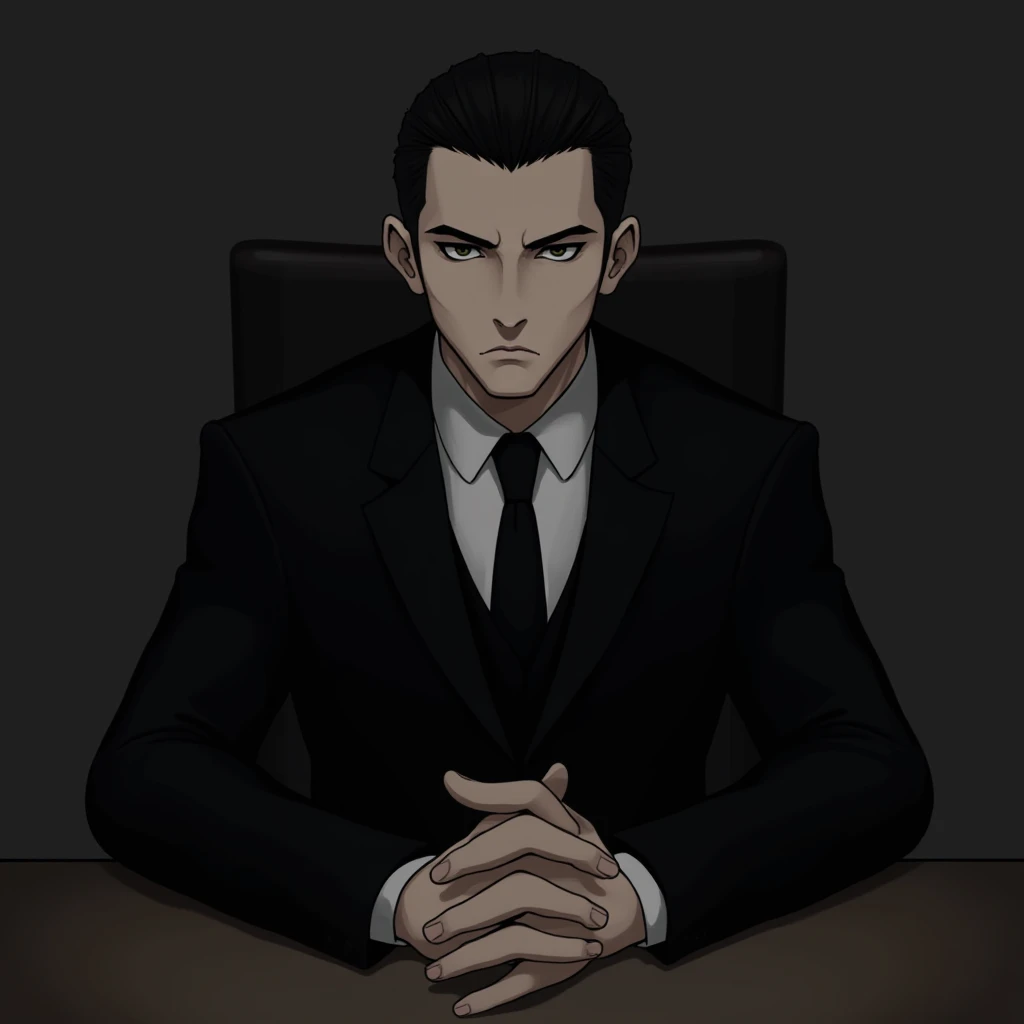 " A male character with a cold and calculating style,  short black hair ,  serious expression and penetrating gaze .  He wears an elegant and well-fitting black suit . The background is simple and uniform,  with dark neutral tones to highlight the characte...