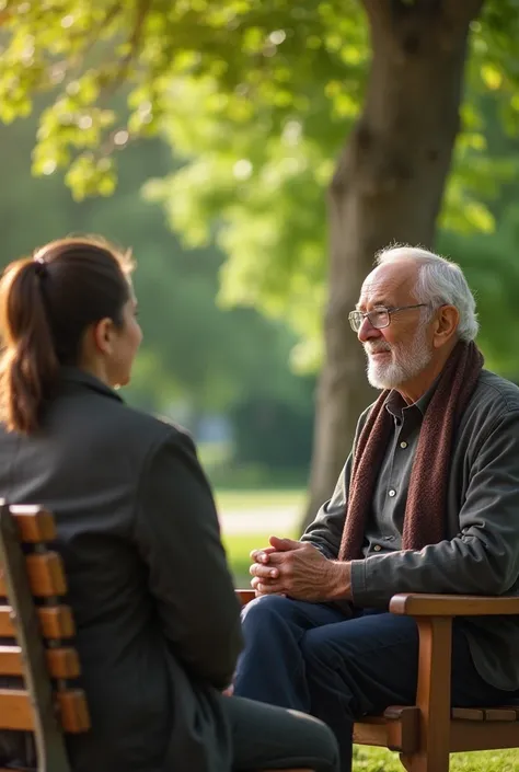 "An elderly man with a kind and wise expression, sitting on a wooden bench in a park, giving heartfelt advice to a young person sitting beside him. The background has lush green trees, soft sunlight filtering through the leaves, and a calm atmosphere that ...