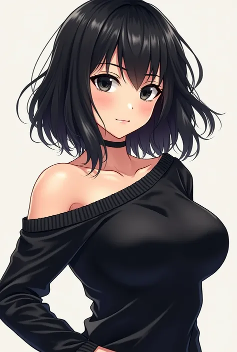 17-year-old anime girl with medium-long wavy black hair, And black eyes, vertiche black off-the-shoulder sweater,  has an aggressive personality ,  Athletic physique , Big breasts, has white skin