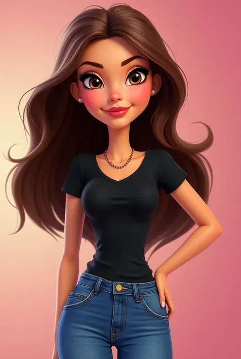  Disney Pixar full body cartoon poster Bratz style woman, medium brown long hair, dark brown eyes long eyelashes using optical lenses,  Light red lips
With black t-shirt ,  blue jeans 
In the hands that he has Avon and Natura magazines