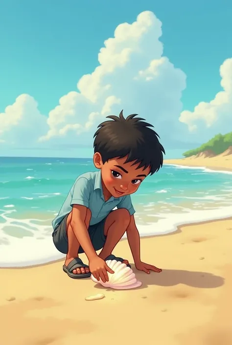 A sunny beach with golden sand and gentle waves lapping the shore. A curious boy named Mavi—wearing a light blue shirt, shorts, and sandals—is crouched down, picking up a glowing, pearl-like seashell. 