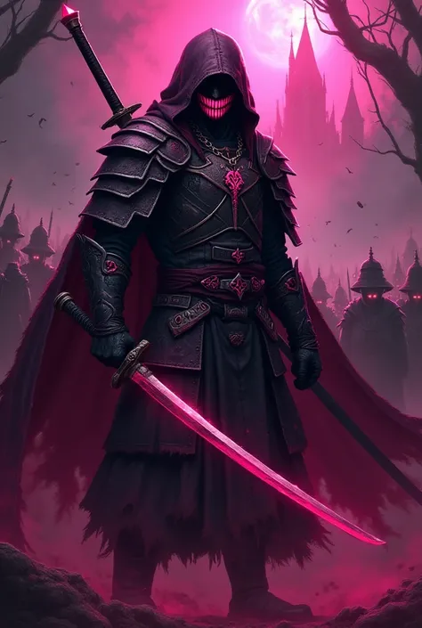 Evil duelist with magenta coloring and a katana. Add a under world back ground and a small army in the back ground. Put an evil magenta grin on the character and a dark fantasy castle in the top middle. Add magenta details on the armor. Add a hood and a ma...