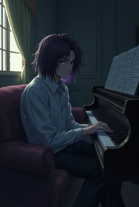  A guy with long wavy hair , And he sits in big bags under my eyes on the old college sofa , to his left is a blonde girl ,  and on the right is a guy with a medium hair length and Purple hair . on the right is the piano Dark atmosphere Artistic,  Anime st...