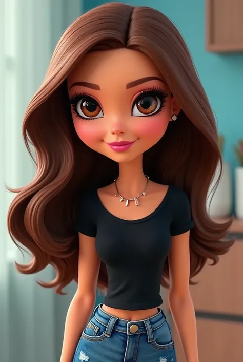  Disney Pixar cartoon full body poster Bratz style woman, medium brown long hair, dark brown eyes long eyelashes, Who wears ,  Light red lips
With black t-shirt ,  jeans blue optical lenses 
In the hand that holds Avon magazine