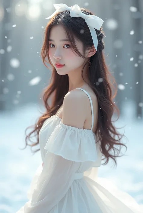 girl, 20 years.  Long hair ,  Brown .  In a white skirt ,  and a white blouse with an open shoulder,  snowflakes background ,  on the head bow , white too 