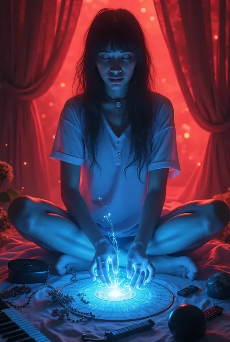 angle is downwards at girl sitting down with music items next to her and girl is emitting blue energy while the surrounding is red 