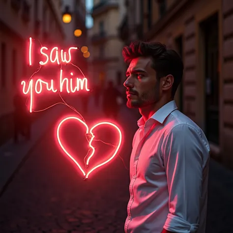 Photorealistic image of a handsome Italian man in a white shirt with a broken heart drawn with neon and put in neon letters "I saw you with him".  It's on the streets of Rome, And he has a disappointed face 