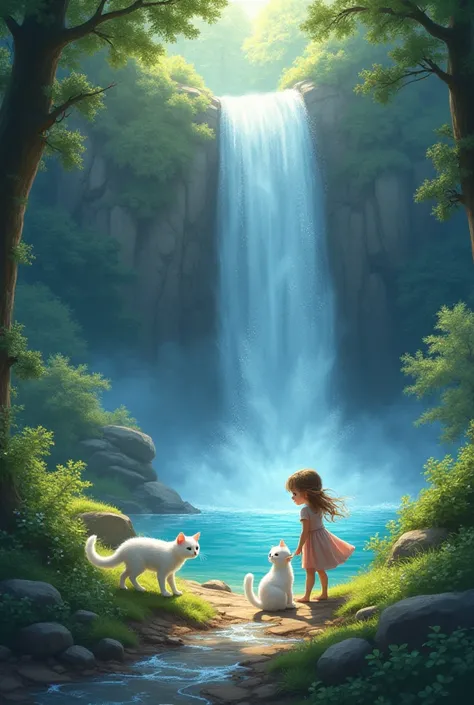 "The girl and her white cat play near a sparkling silver waterfall, the water glittering in the magical glow of the surroundings."