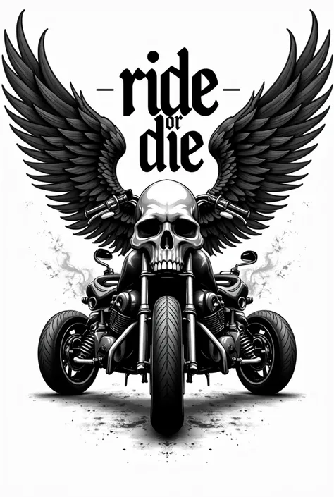 On a white background, create an illustration that features biker-style artwork with the words “RIDE OR DIE” in large, stylized letters. In the center is a detailed skull with wings, symbolizing freedom and rebellion. Behind the skull are two symmetrical m...