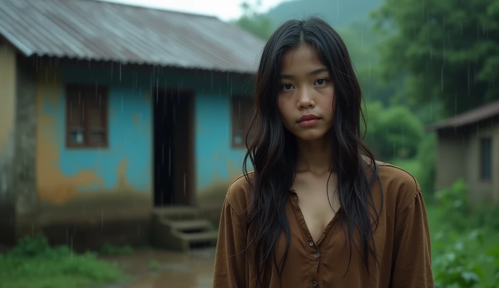 25 year old Indonesian village girl, long wavy hair, wearing a shabby brown long-sleeved shirt, sad, caught in the rain and soaked all over, background of a rural village house. hyper-realistic, high contrast, high color effect, 8K, detail, focus.