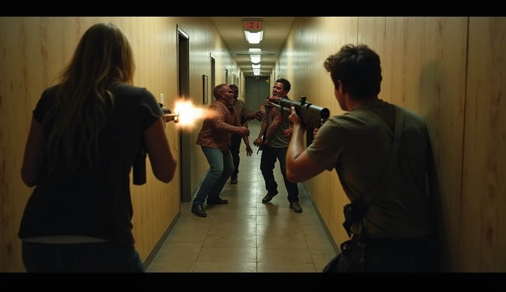 Battle in the Hallway
•	Sarah and Marcus firing rifles down a narrow corridor, muzzle flashes illuminating monstrous infected lunging toward them, their teeth bared and hands outstretched. (Style: Stock Photo)
