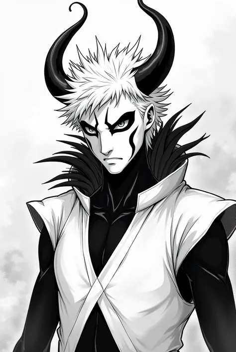 He has light, messy hair, intense eyes and wears a minimalist costume reminiscent of a white exoskeleton, typical of a vast lord form, with contrasting black details. His mask covers part of his face, featuring a menacing design with curved horns, reinforc...