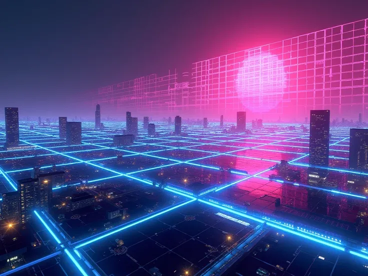 far view of neon glow perspective futuristic metropolis, (tilted sideway horizon, Tilted view angle, view under angle:1), cityscape at night, with a bright pink and blue light emanating from the tilted sideway horizon, casting a glow over the city. The lig...