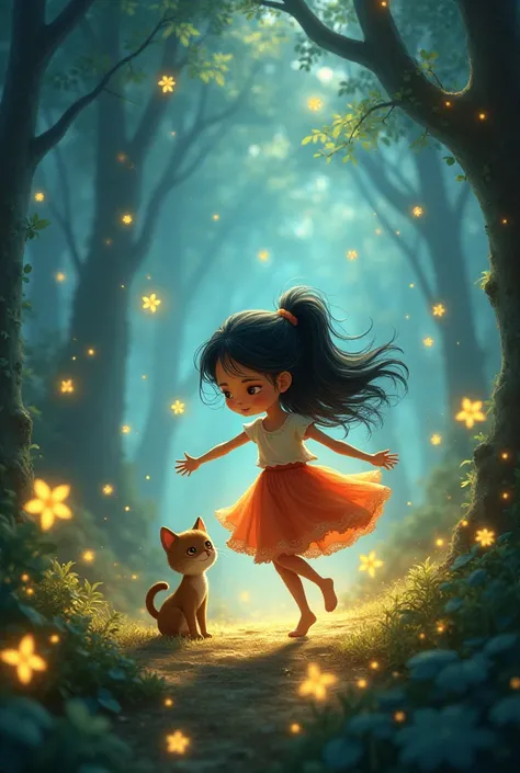 ﻿"In the magical realm, Meghla joyfully chases glowing fireflies with her cat, surrounded by a surreal, enchanting atmosphere."