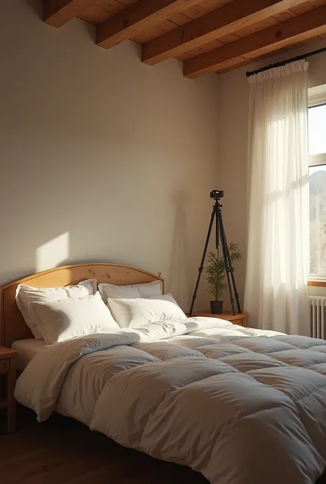 there is a bed with a white duvet and a tripod on the wall, Room interior, photograph, Room background, ,  photo of an attic in the morning ,  realistic cinematic photo , luz natural no Room, Realistic studio photo, inside of a Room, estilo de photograph d...