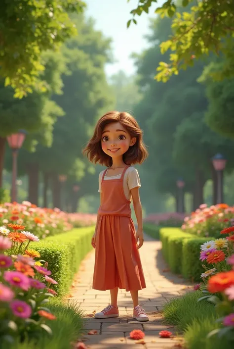 Disney Pixar 3d image of Linda in a flowery park 