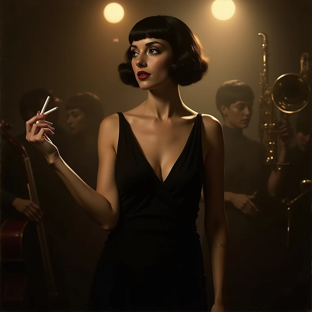 painting of a 1920s woman, standing confidently in a fringed black flapper dress, holding a cigarette holder, her bobbed hair styled with Marcel waves. She is framed by a smoky jazz club interior with brass instruments in the background, dramatic spotlight...