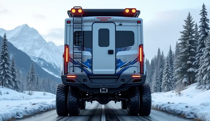 A detailed and stunningly realistic 3D render showcasing the full straight back view of the colossal 2025 Ford Camper Motorhome 6x6, built for extreme off-road adventures. The rear features a rugged steel bumper with integrated tow hooks, a heavy-duty spar...