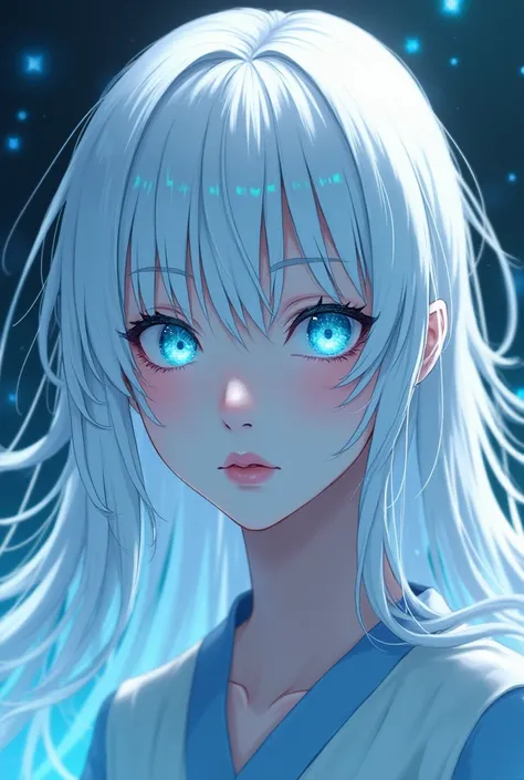 Make a female character with white hair and cyan eyes with a pupil shaped like a White star in the Naruto anime style, Please.