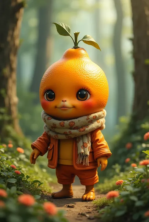 a cute  with realistic orange fruit head with scarf and orange clothes in the forest 