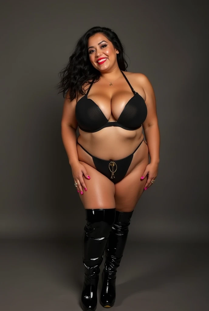 30 year old plus size Mexican woman. She has black hair. She has big breasts and a big ass, small waist, long curvy legs, sensual red lips, smiling. She is wearing a black thong and latex thigh high boots with a fetish-style stiletto platform.