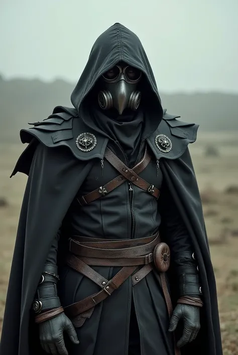 A vigilante who represents a black eagle with cloaks similar to the wings of an eagle but made of cloth and whose costume is rudimentary Mad Max type and who has a gas mask that covers his face with an Assasin Creed hat 