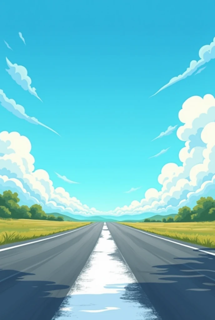 White line is drawn on the other side of the road. Must look like a cartoon. The size will be of YouTube thumbnail. And the sky will be blue color and clouds