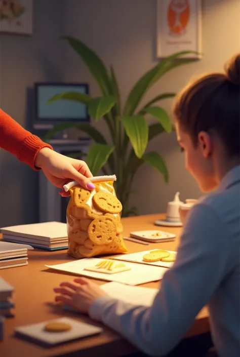 Someone placing a favorite snack on a desk while another person is working.