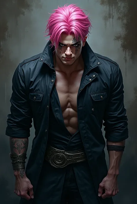 generate an image, top view, table token, paranormal order, full body, rpg, young strong muscular man, pink hair with black sides, tattoos on the corners of the eyes, dark clothes, semi really 