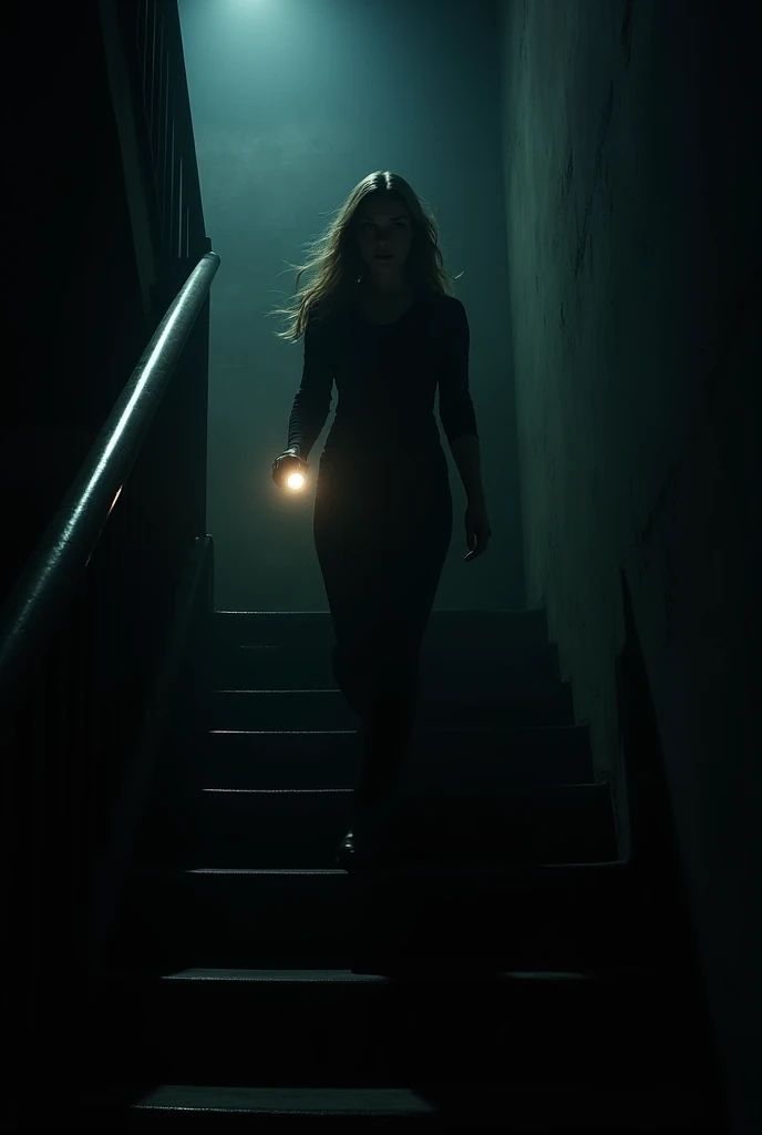 Hot woman with a flashlight in her hand going down the stairs at night 