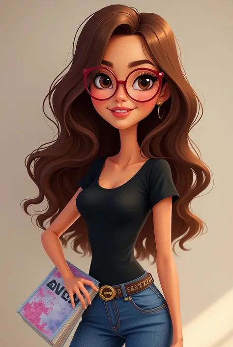  Disney Pixar cartoon full body poster Bratz style woman, medium brown long hair, dark brown eyes long eyelashes,  Light red lips
With black t-shirt , blue jeans 
In the hand that holds Avon magazine
He wears optical lenses on his face