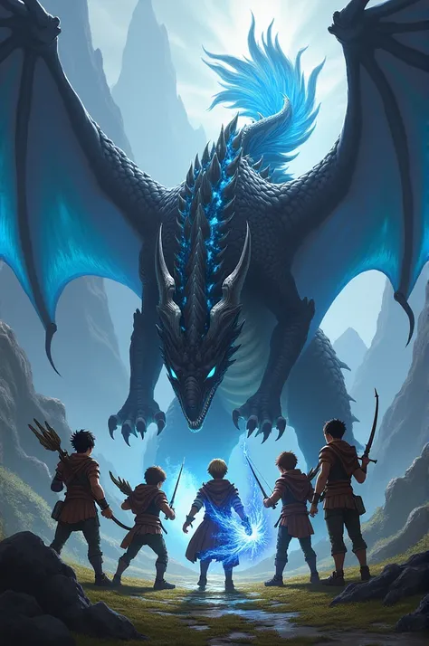 Create an image of a black dragon with blue on the back and a half in the front looking at it one with a paddle a boy with a bow a boy with a sword a boy as if he were letting magic out of his hands and one with his arms turning into bird wings 