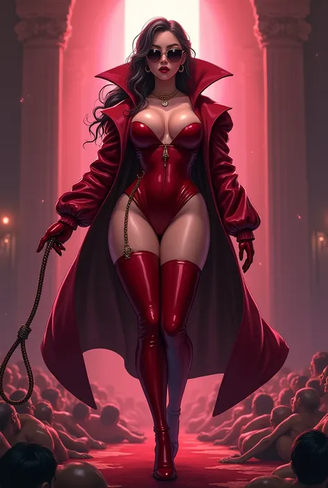 anime style, cartoon style, sexy mistress young queen, smoking (tight latex), ideal thin, huge breast, perfect round breast, gigantic boobs. perfect cleavage. wearing a glamour shiny latex sleek cropped coat with dramatic wide popped up coat collar, ((popp...