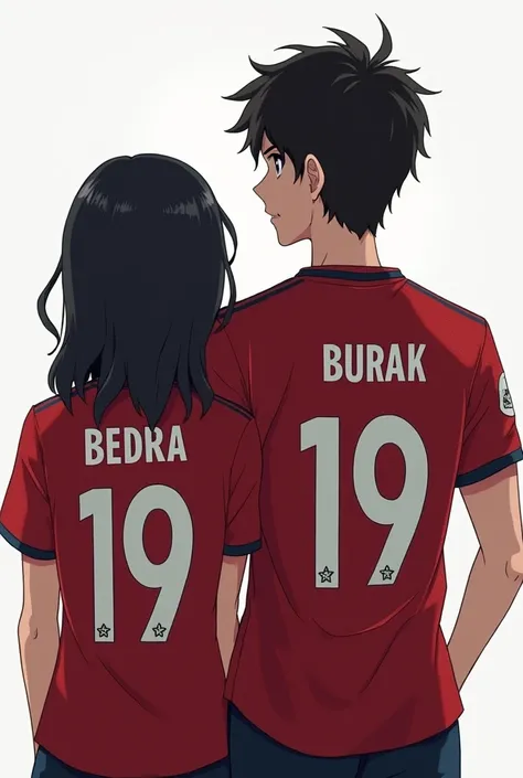 There are two people with their backs turned. There is a man on the right. The man has black hair, is skinny, and is wearing a Fenerbahçe jersey. There is a girl on the left. The girl has black hair and is wearing a Fenerbahçe jersey. Bedra 19 is written o...