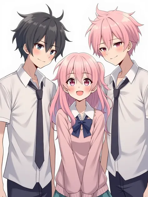 3 Twins,2 young men,Girl1,  Twin 1 is a young man with short black hair, pink eyes, and an indifferent expression. ,  Twin 2 is a girl with long light pink hair, pink eyes, and a smiling face. ,  Twin 3 is a young man with short pink hair and black eyes, a...