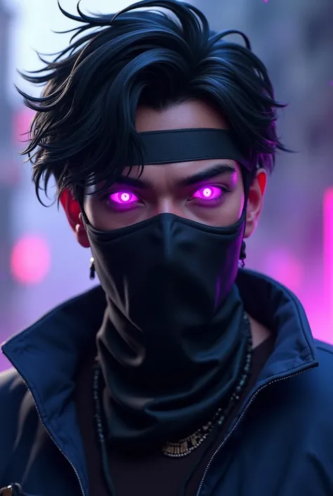 A male character from Free Fire with slightly messy black hair with a black stripe on his forehead, eyes with purple lights coming out, a black mask and a dark blue shirt. 