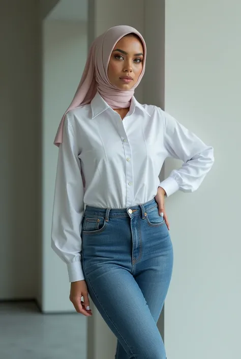 A Muslim sexy lady wear a white shirt and tight blue jeans with heels and hijab must premium outfits 