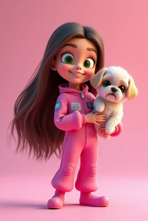 ( Create Pixar Disney style poster  , 3d,   with long straight brown hair , pele morena,  Green Eyes Pants,   smiling,  , wearing neon pink astronaut costume, image without background, In your hand modern minimalist clinic scene with a Shihtzu puppy and ca...