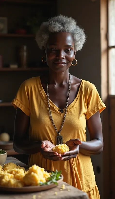 Make a realistic picture showing an African woman making whipped shea butter for her hair and skin. It should be realistic and authentic, showing a real African woman 