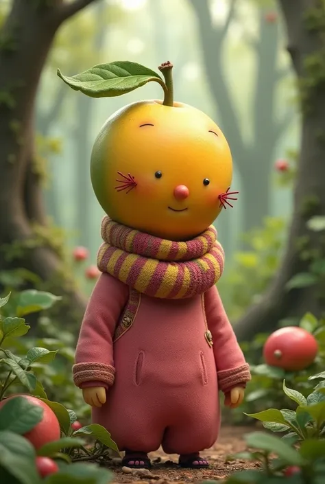 a cute  with realistic mango fruit head with scarf and pink clothes in the forest 