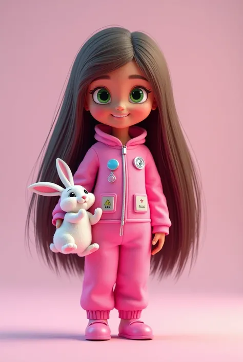 ( Create Pixar Disney style poster  , 3d,   with long straight brown hair , pele morena,  Green Eyes Pants,   smiling,  , wearing neon pink astronaut costume, image without background, In your hand modern minimalist clinic scene with a baby rabbit)