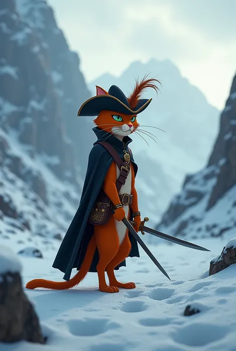 A cinematic shot of Puss in Boots standing in a snowy landscape with mountains in the background. The cat wears a black cape and a black Musketeer-era hat with a feather. He has a sword and a magic bag. Puss is a thin Spanish tabby with red fur and green e...